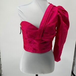 A.L.C. Pink Jacquard One Shoulder Puff Sleeve Crop Top 4 5TOPS00814